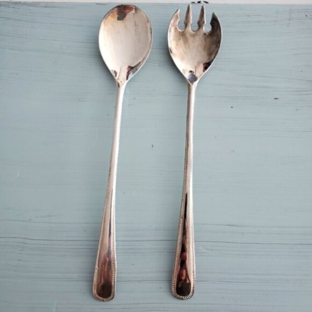 Vintage E.P. Zinc Italy FBR Silver Plated Serving Spoon Fork Set Beaded Handle